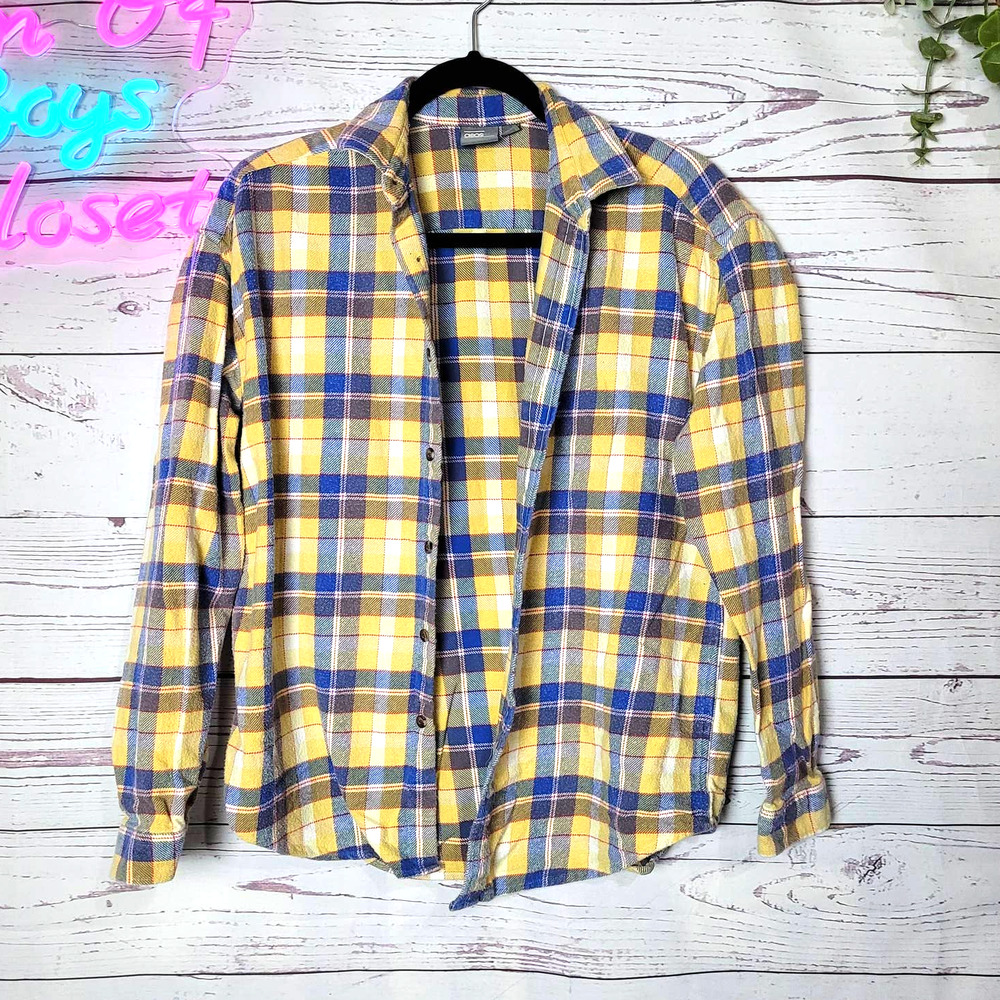 ASOS Yellow Blue Plaid Long Sleeve Button Down Shirt Shacket Oversized Womans XS